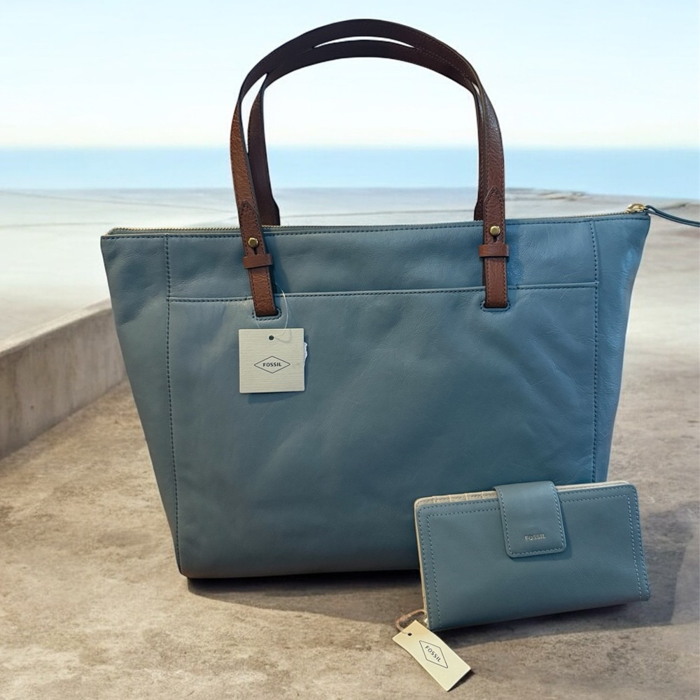 Fossil Light Blue Leather Tote with Matching Wallet